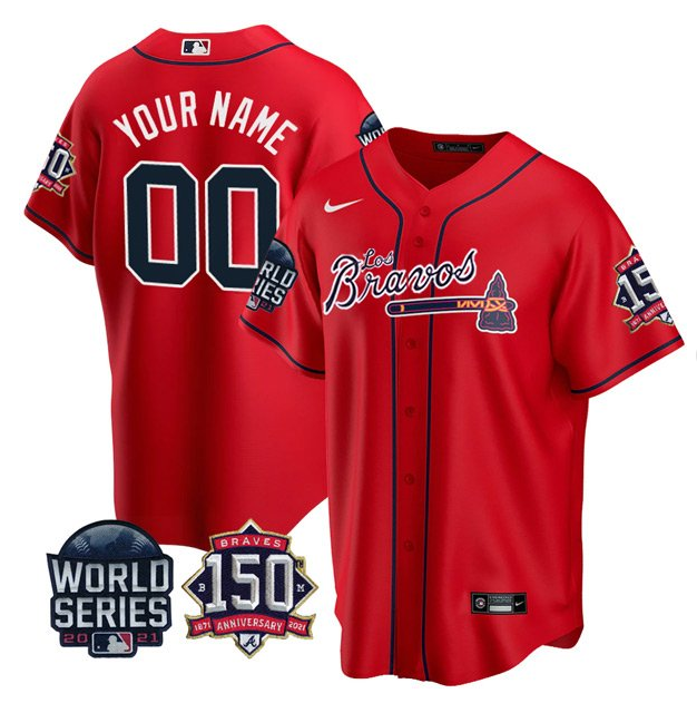 Men's Atlanta Braves Active Player Custom 2021 Red World Series With 150th Anniversary Cool Base Stitched Jersey